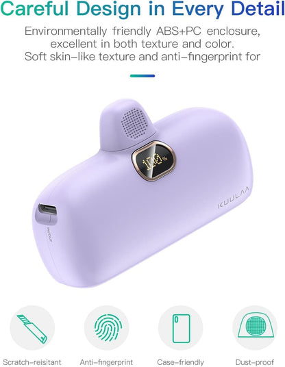Mini prijenosna baterija Kuulaa 5000 mAh 20W PD USB-C LED – ljubičasta