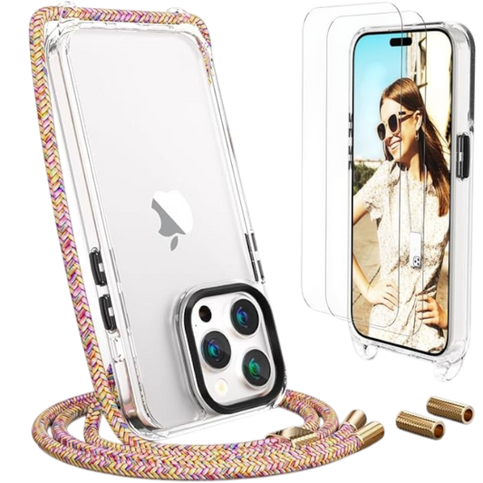 Ovitek z vrvico + 2 zaščitni stekli za iPhone 15 Pro – Uymo – Mavrica