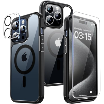 Komplet "Tauri 5in1" ovitek + 2x zaščitno steklo + 2x zaščita za kamero za iPhone 15 Pro – Črna