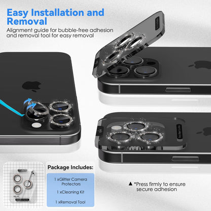 CloudValley zaščita kamere za iPhone 16 Pro / Pro Max – črni titan z bleščicami, 2 kosa
