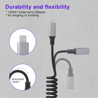 Spiralni Lightning kabel za iPhone MFi CarPlay USB – rastezljiv 0.4–1.2 m