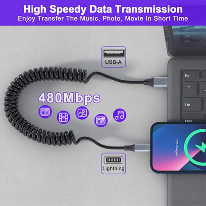 Spiralni Lightning kabel za iPhone MFi CarPlay USB – rastezljiv 0.4–1.2 m