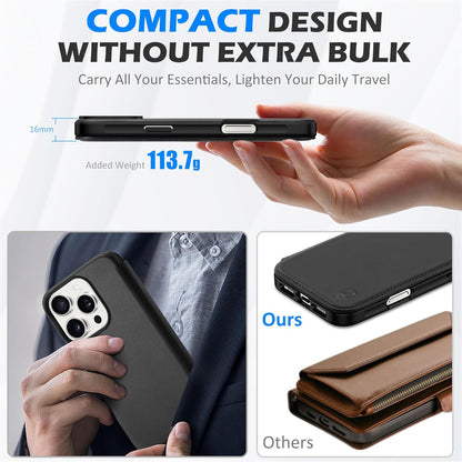 SHIELDON preklopna torbica iz pravega usnja za iPhone 16 Pro Max - RFID Zaščita, Držalo za Kartice, Črna