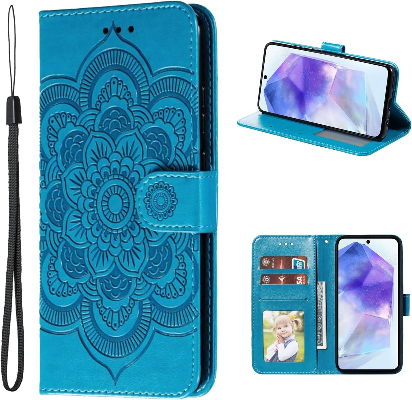 Kožna preklopna torbica Mandala za Samsung Galaxy A55 5G - plava