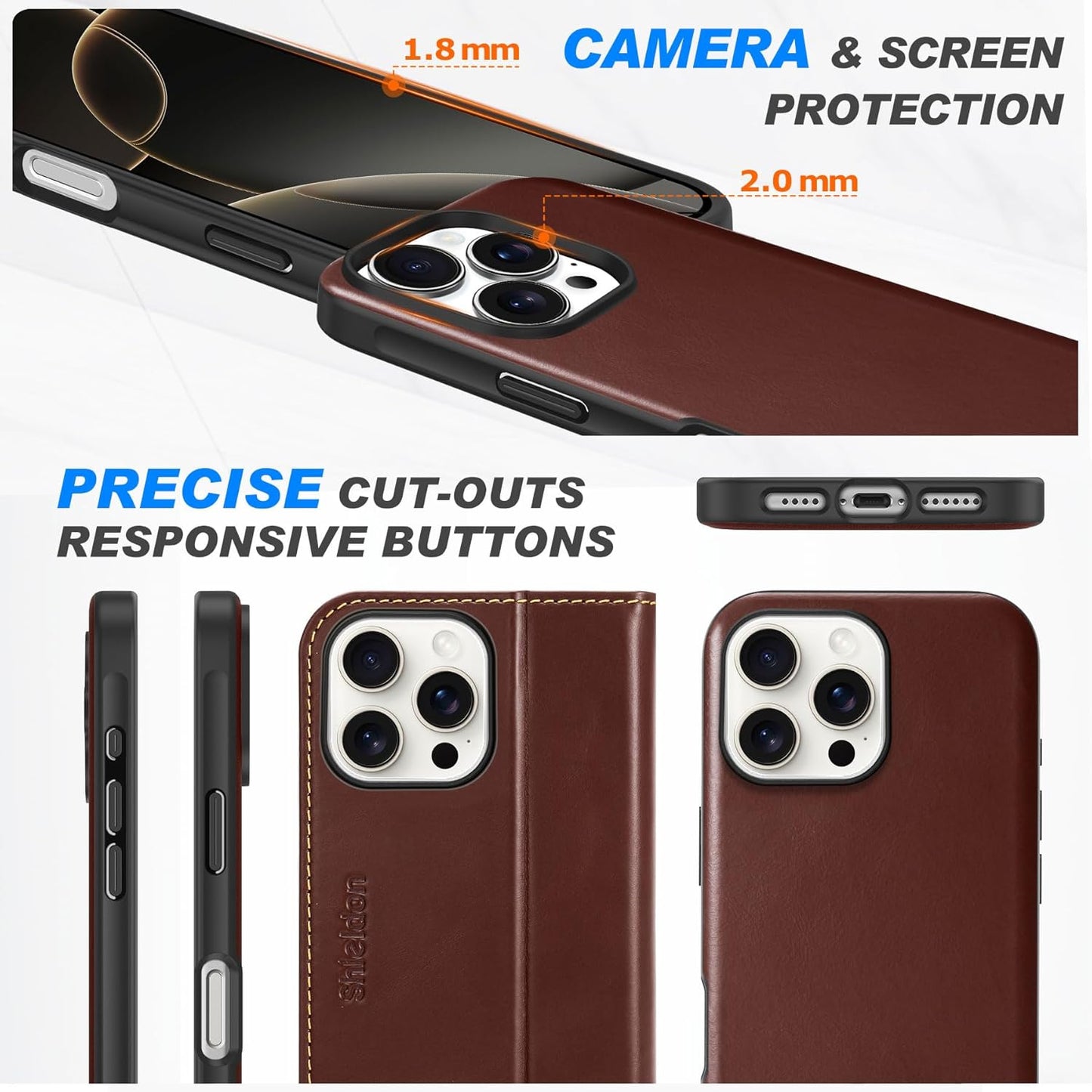 SHIELDON 2 v 1 preklopna torbica iz pravega usnja za iPhone 16 Pro Max - Magnetni Ovitek, RFID Zaščita, Retro Kava
