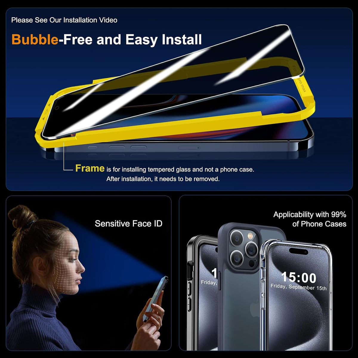 QHOHQ zaščitno steklo za iPhone 15 Pro Max 6,7" – Privacy, 3 kosi + zaščita kamere