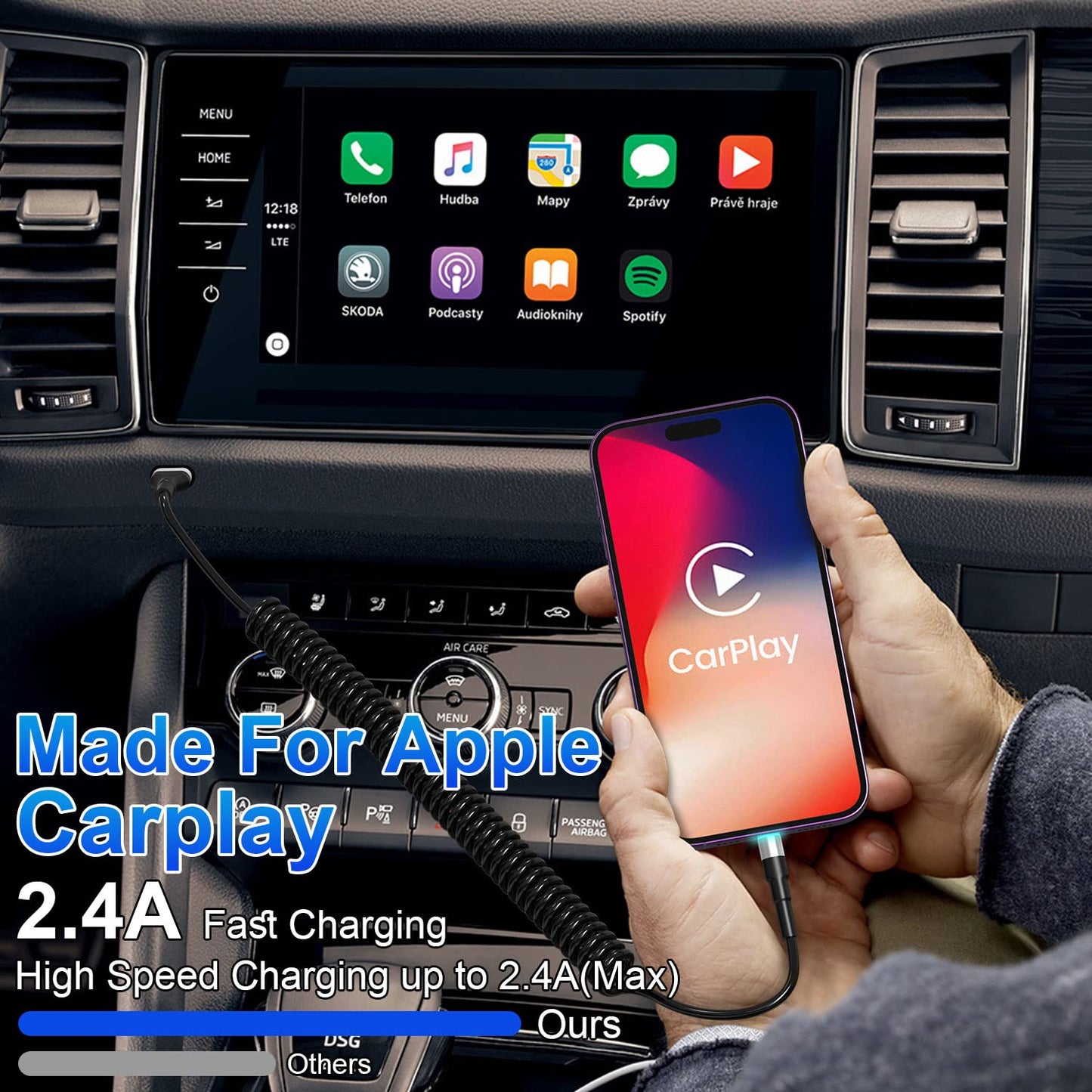 Spiralni Lightning kabel za iPhone (2 komada) MFi CarPlay USB – LED, rastezljiv