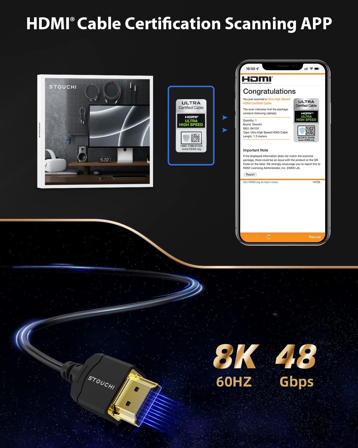 Ultra tanek HDMI kabel 2.1, 8K 1m – Stouchi