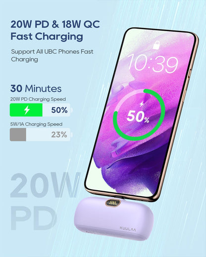 Mini prijenosna baterija Kuulaa 5000 mAh 20W PD USB-C LED – ljubičasta