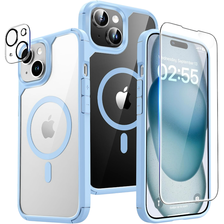 Ovitek za telefon + 2x zaščitno steklo + 2x zaščita za kamero "MagSafe" iPhone 15 – Tauri – Modra