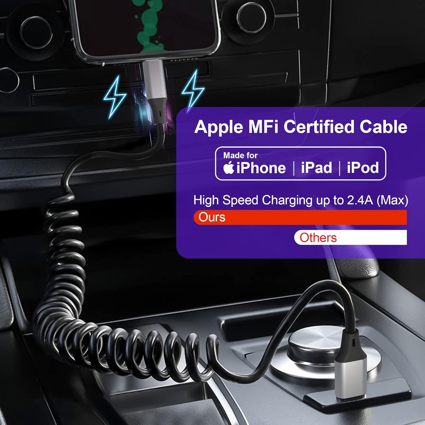 Spiralni Lightning kabel za iPhone MFi CarPlay USB – rastezljiv 0.4–1.2 m