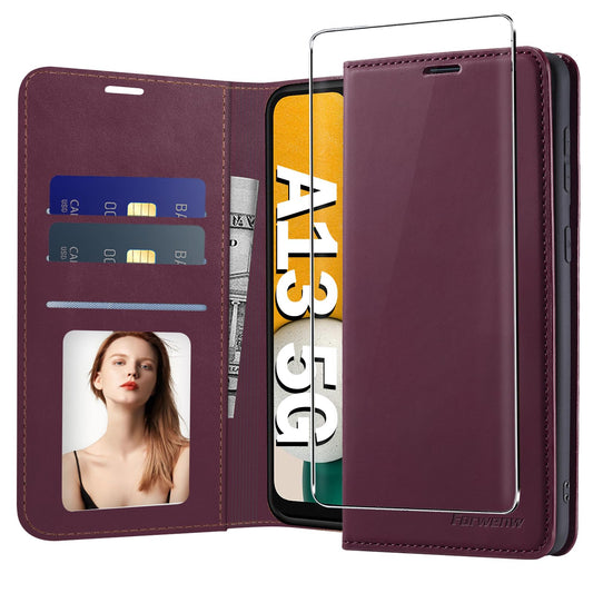 Preklopna torbica + zašèitno steklo za Samsung Galaxy A13 5G vinsko rdeèa