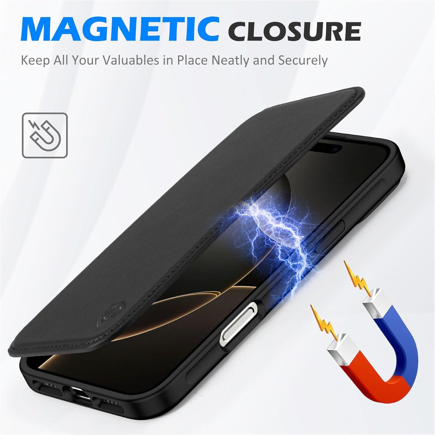 SHIELDON preklopna torbica iz pravega usnja za iPhone 16 Pro Max - RFID Zaščita, Držalo za Kartice, Črna
