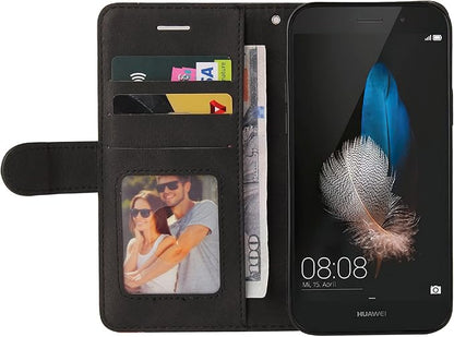 Preklopna torbica za Huawei P8 Lite s stojalom in režami za kartice – črna