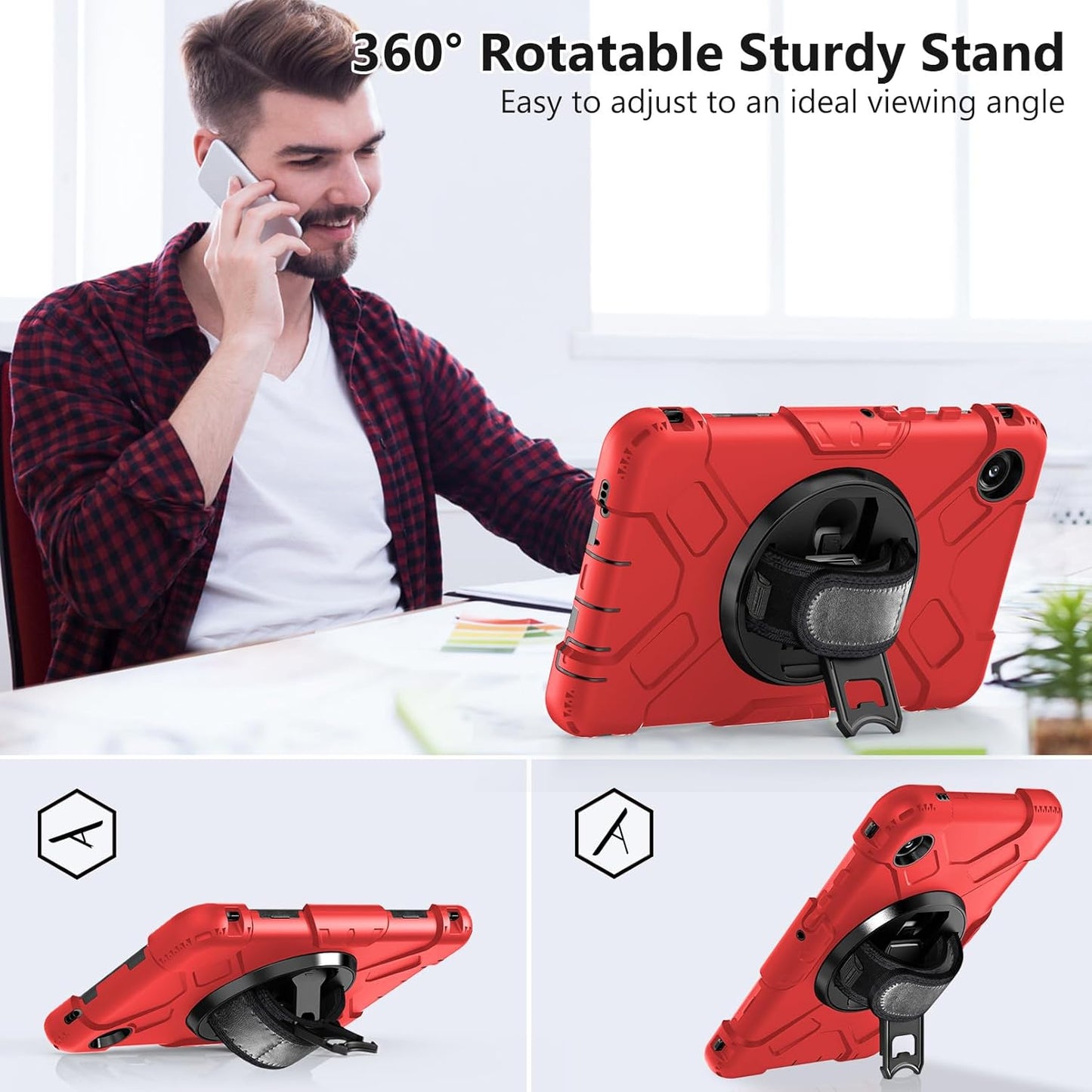 Vojna 3-slojna futrola za Samsung Galaxy Tab A9 8.7” – 360° Stalak + Remen za rame + Držač za S Pen (Crvena)