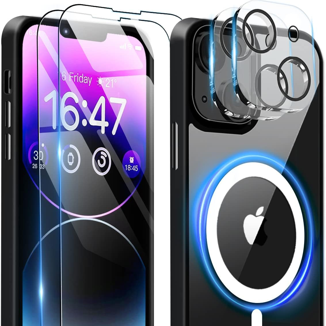 Magnetna maskica BOTOER za iPhone 14 + 2 zaštitna stakla + 2 zaštite za kameru – crna