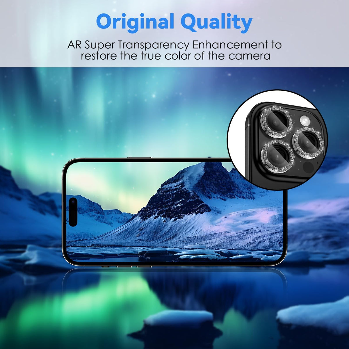CloudValley zaščita kamere za iPhone 16 Pro / Pro Max – črni titan z bleščicami, 2 kosa