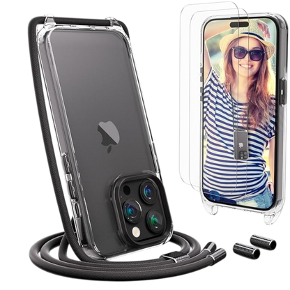 Ovitek z vrvico + 2 zaščitni stekli za iPhone 15 Pro – Uymo – Črna