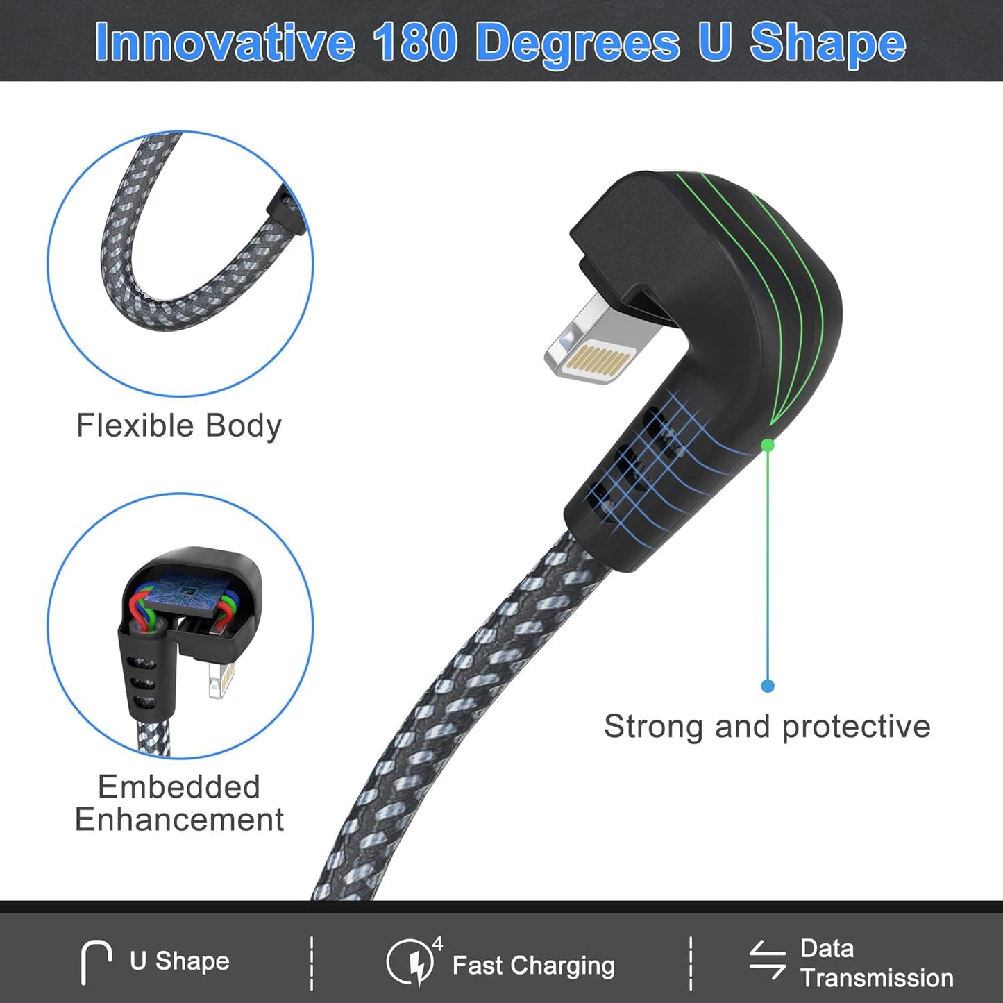 Pravokutni 90° Lightning kabel 3 m – MFi certificiran, brzo punjenje 2,4 A