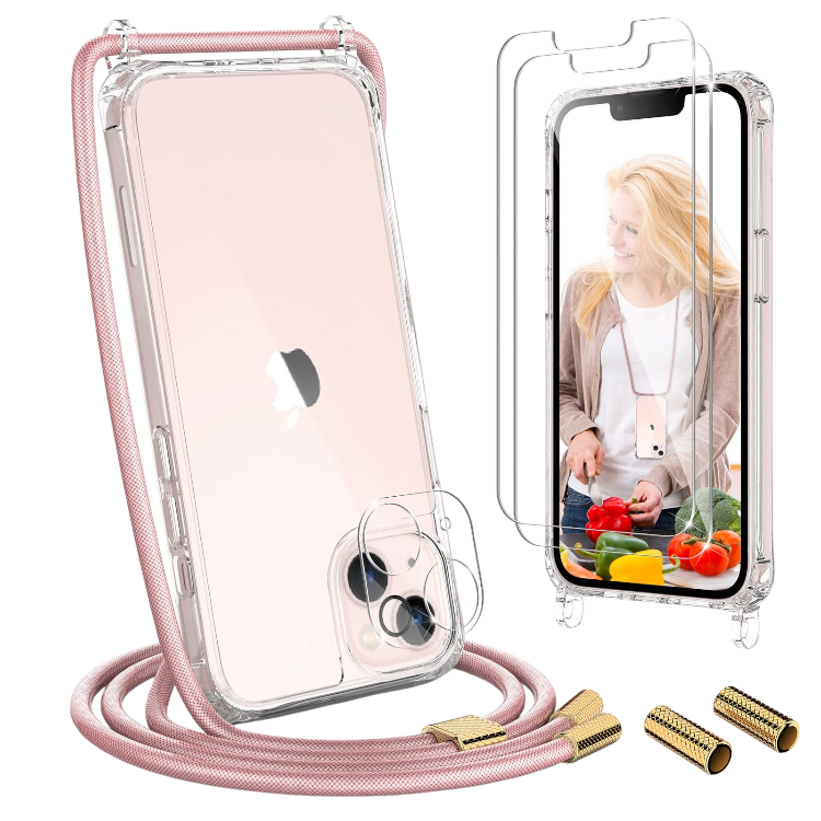 Ovitek z vrvico + 2 zaščitni stekli + zaščita za kamero za iPhone 13 Mini – Uymo – Roza