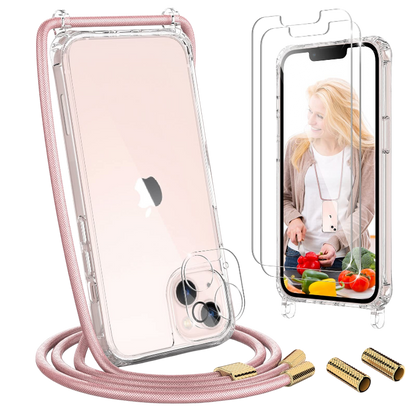 Ovitek z vrvico + 2 zaščitni stekli + zaščita za kamero za iPhone 13 Mini – Uymo – Roza