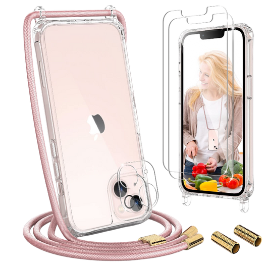 Ovitek z vrvico + 2 zaščitni stekli + zaščita za kamero za iPhone 13 Mini – Uymo – Roza