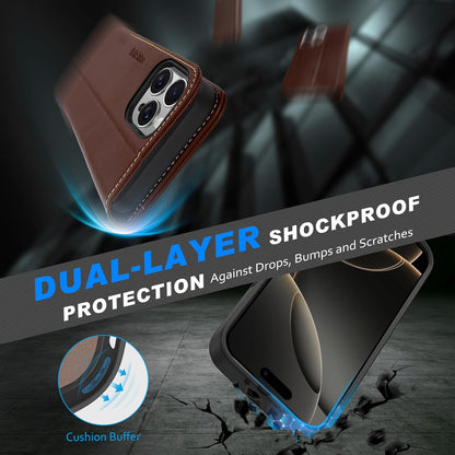 SHIELDON 2 v 1 preklopna torbica iz pravega usnja za iPhone 16 Pro Max - Magnetni Ovitek, RFID Zaščita, Retro Kava