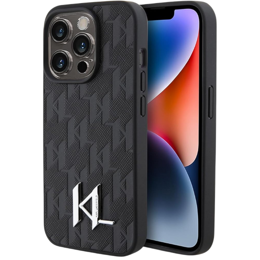Ovitek Karl Lagerfeld "Monogram Hot Stamp Metal Logo" za iPhone 15 Pro (KLHCP15LPKLPKLK) – Črna