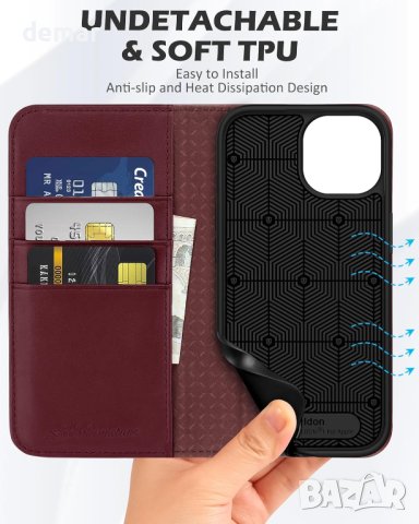 SHIELDON Kožna Preklopna Torbica za iPhone 15 – Novčanik RFID + Stalak (Vino Crvena)
