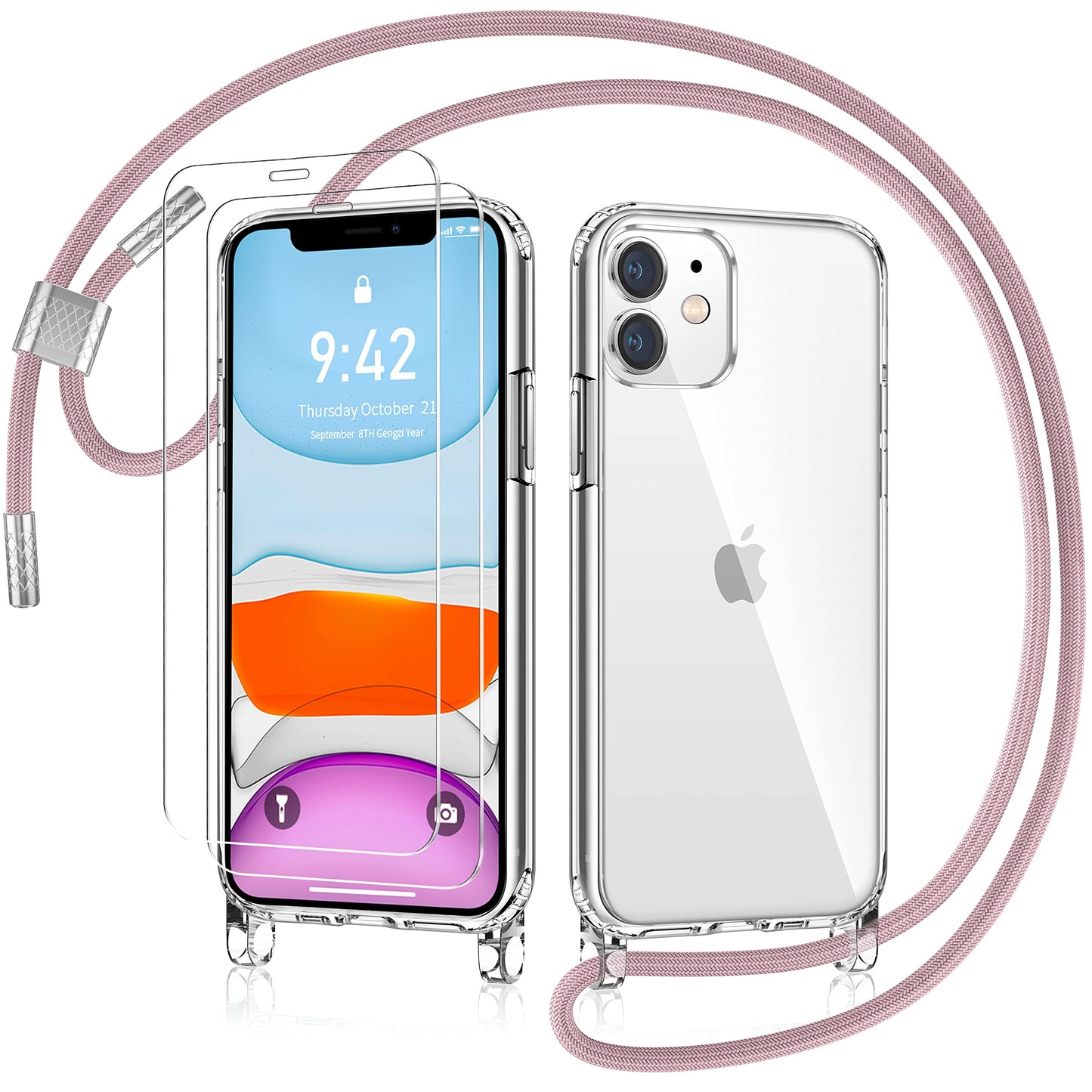 AROYI ovitek z vrvico + 2x steklo za iPhone 11 roza