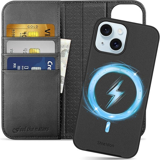 SHIELDON Usnjena Preklopna Torbica za iPhone 15 – Snemljiv Ovitek Magsafe RFID + Kartice (Črna)