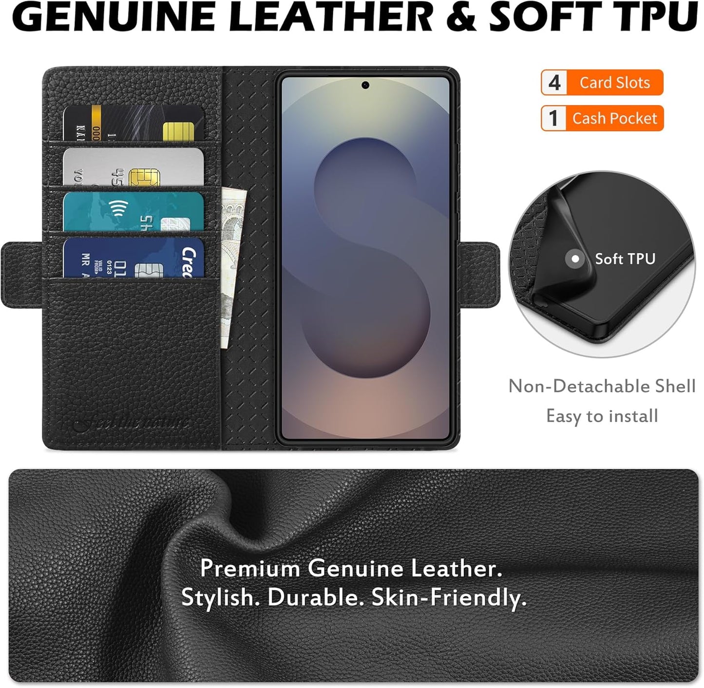 SHIELDON preklopna torbica iz pravega usnja za Samsung Galaxy S25 Ultra 6,9" (2025) - RFID Zaščita, Stojalo, Zrnato Črna