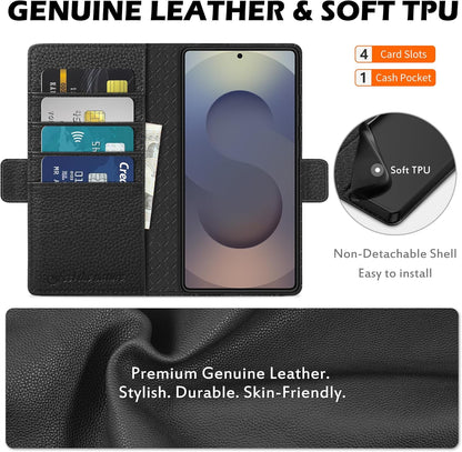 SHIELDON preklopna torbica iz pravega usnja za Samsung Galaxy S25 Ultra 6,9" (2025) - RFID Zaščita, Stojalo, Zrnato Črna