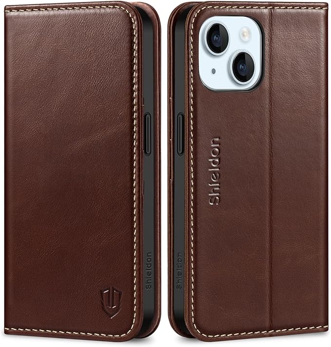 SHIELDON Kožna Preklopna Torbica za iPhone 15 – Novčanik s RFID zaštitom + Stalak (Retro Smeđa)