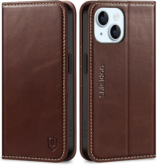 SHIELDON Usnjena Preklopna Torbica za iPhone 15 – Denarnica RFID + Stojalo (Retro Rjav)