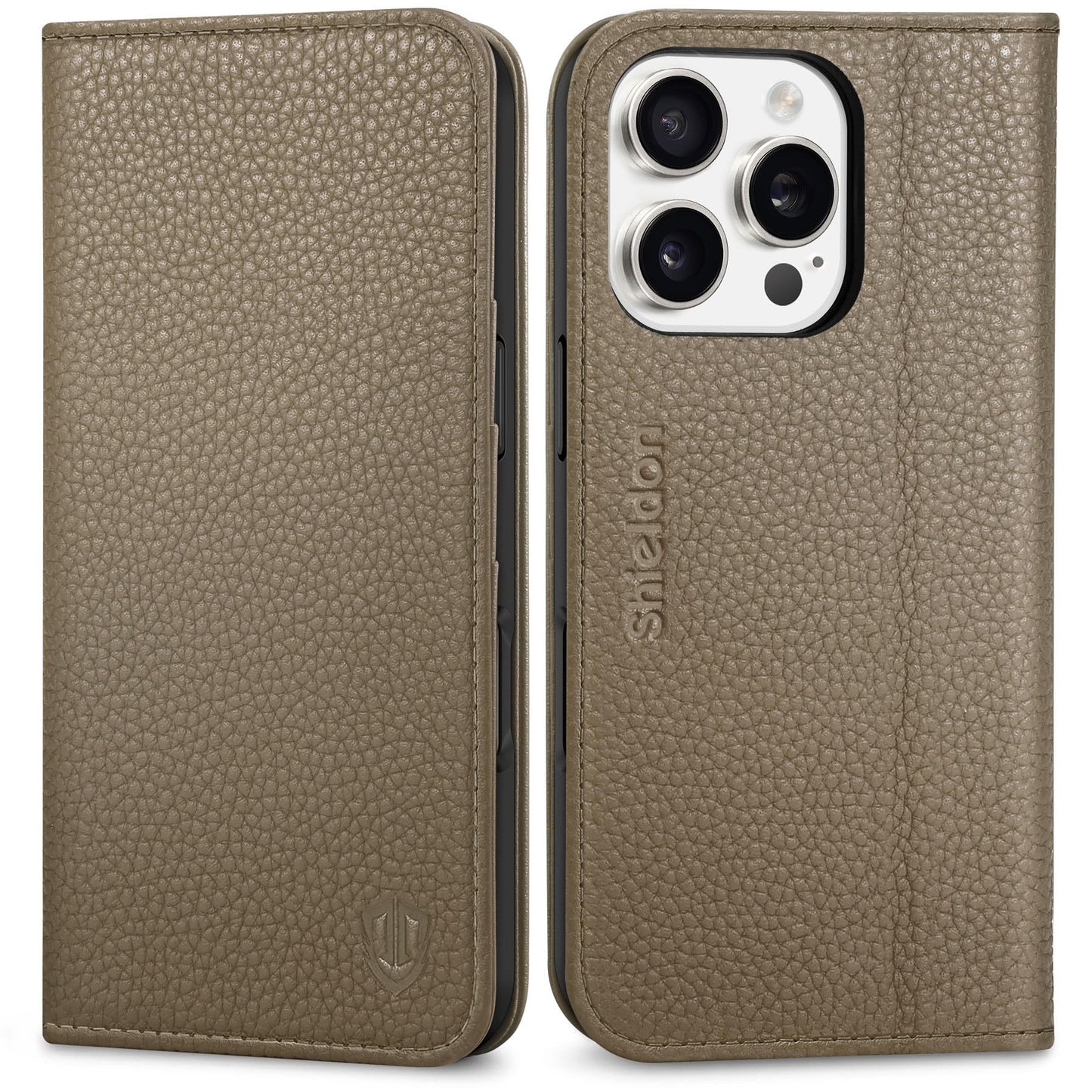Shieldon usnjena preklopna torbica za iPhone 16 Pro khaki