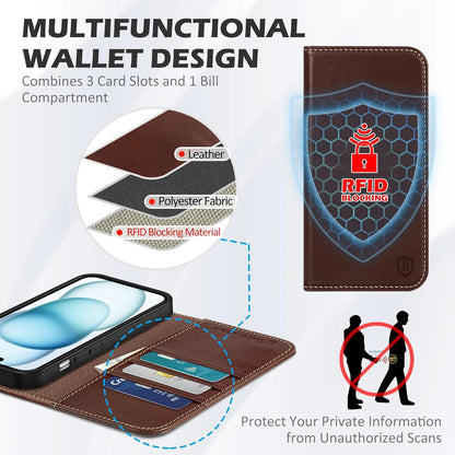 SHIELDON Kožna Preklopna Torbica za iPhone 15 – Novčanik s RFID zaštitom + Stalak (Retro Smeđa)
