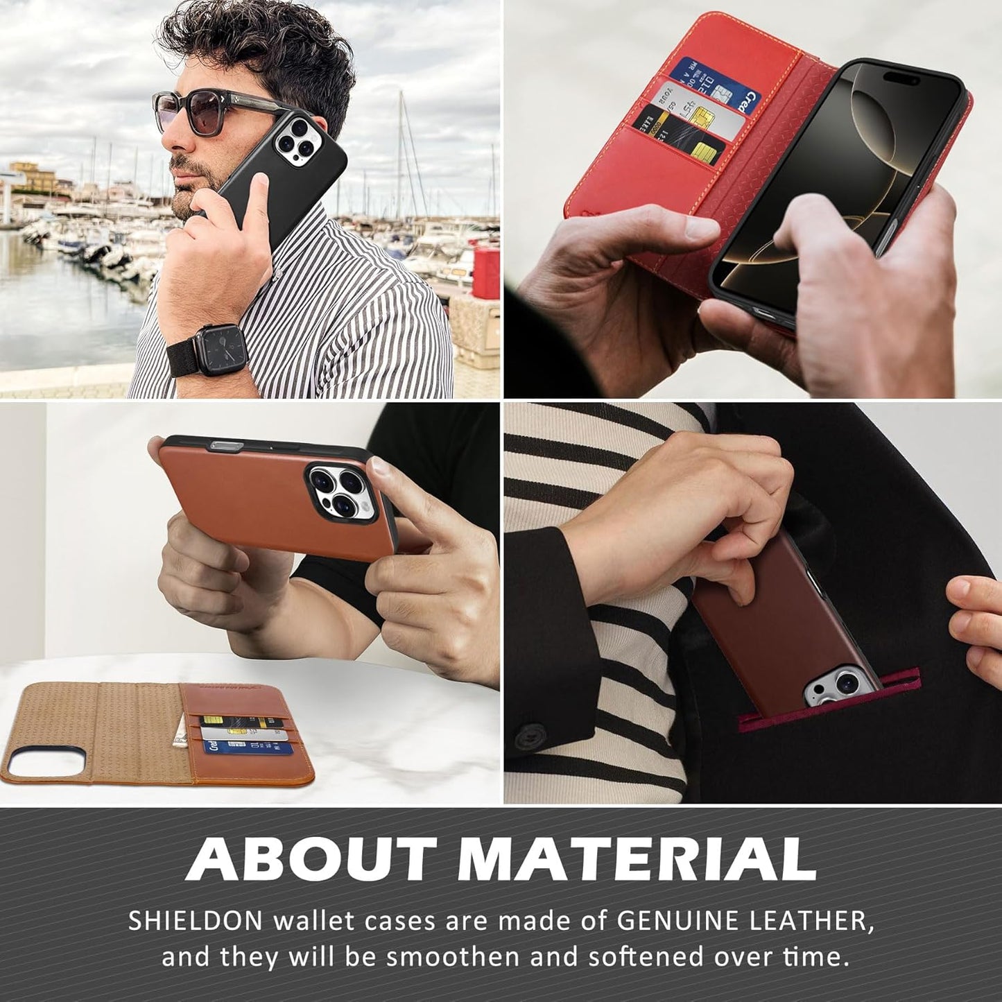 SHIELDON 2 v 1 preklopna torbica iz pravega usnja za iPhone 16 Pro Max - Magnetni Ovitek, RFID Zaščita, Retro Kava