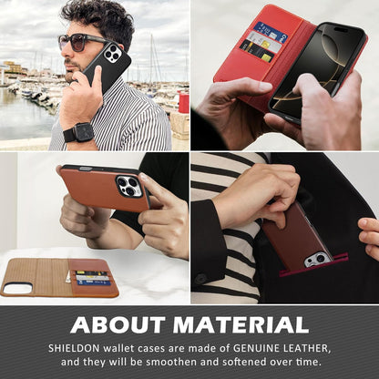 SHIELDON 2 v 1 preklopna torbica iz pravega usnja za iPhone 16 Pro Max - Magnetni Ovitek, RFID Zaščita, Retro Kava