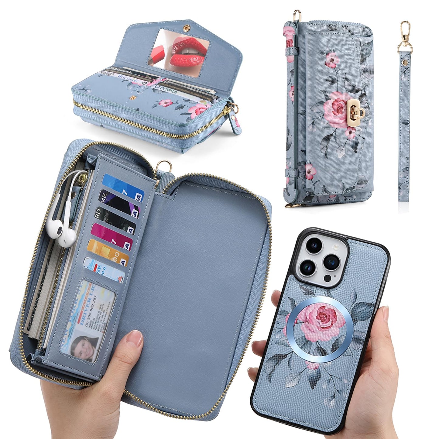 URMAX usnjena denarnica za iPhone 14 Pro Max modra