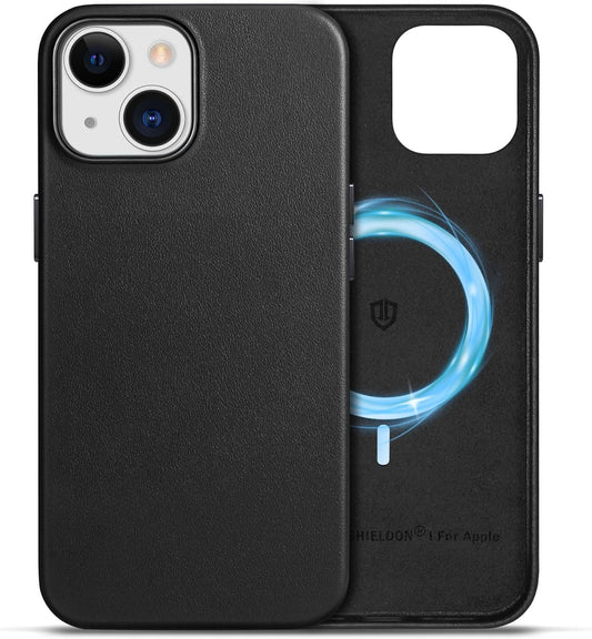 SHIELDON Usnjen Ovitek za iPhone 15 – Magnetno Polnjenje (Črna)
