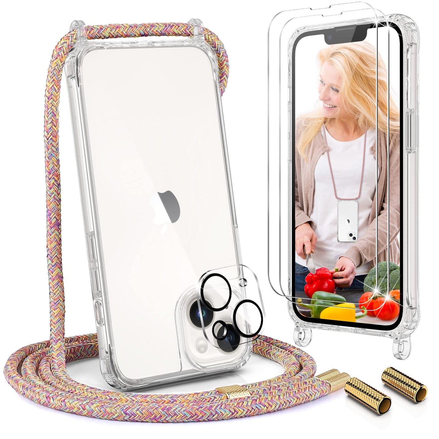 Uymo prozoren ovitek z vrvico + 2x steklo za iPhone 14 mavrica