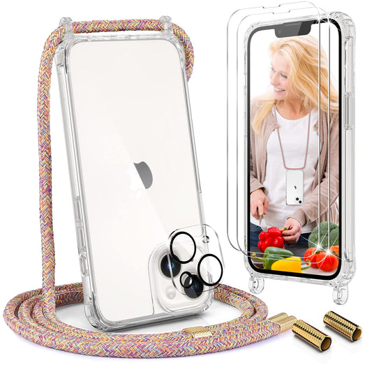 Uymo prozoren ovitek z vrvico + 2x steklo za iPhone 14 mavrica