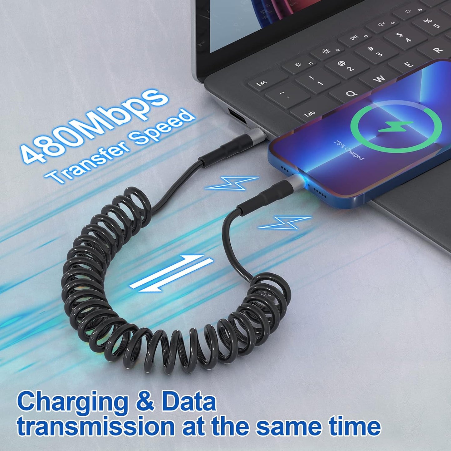 Spiralni USB-C na Lightning kabel 0,4–1,2 m [Apple MFi] – CarPlay, LED, hitro polnjenje PD