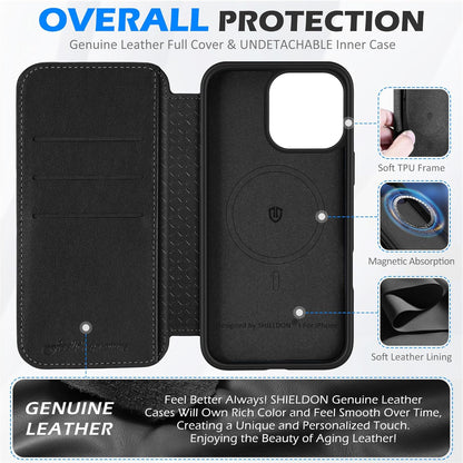 SHIELDON preklopna torbica iz pravega usnja za iPhone 16 Pro Max - RFID Zaščita, Držalo za Kartice, Črna