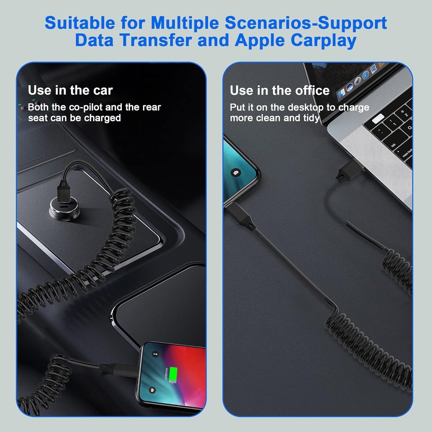 2x spiralni Lightning kabel za iPhone MFi CarPlay USB – rastezljiv, kompaktan