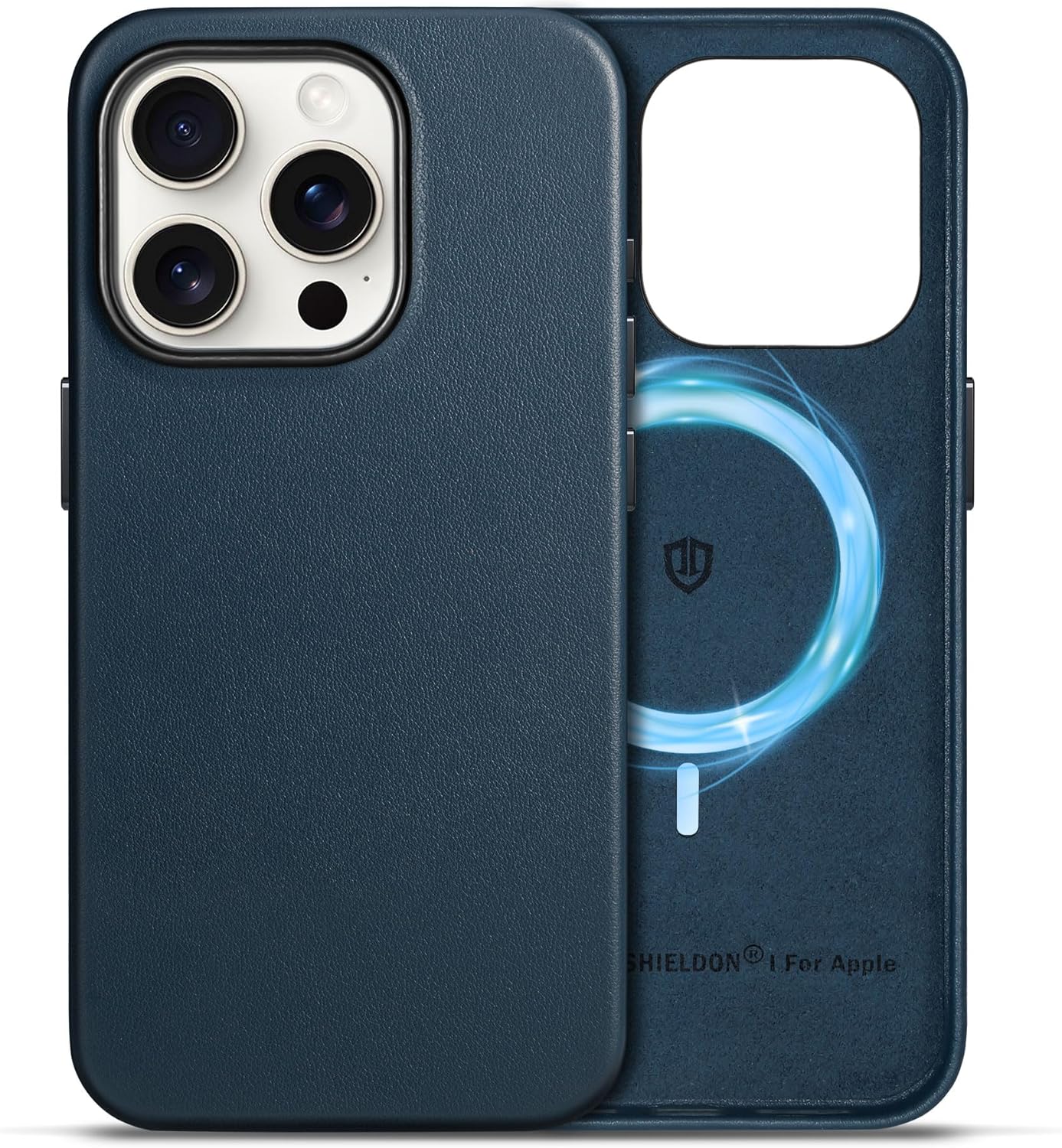 SHIELDON Kožna futrola za iPhone 15 Pro – Magnetsko punjenje (Tamnoplava)
