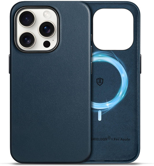 SHIELDON Usnjen Ovitek za iPhone 15 Pro – Magnetno Polnjenje (Temno Modra)