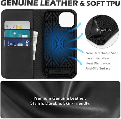 SHIELDON kožna preklopna futrola za iPhone 15 – novčanik RFID + stalak (crna)