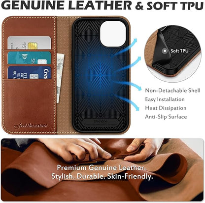 SHIELDON Kožna Preklopna Torbica za iPhone 15 – Novčanik RFID + Stalak (Retro Smeđa)